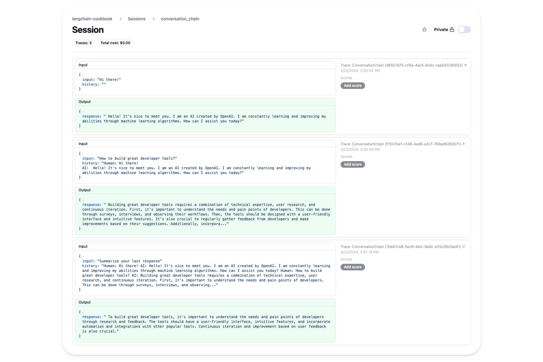 Session view of ConversationChain in Langfuse